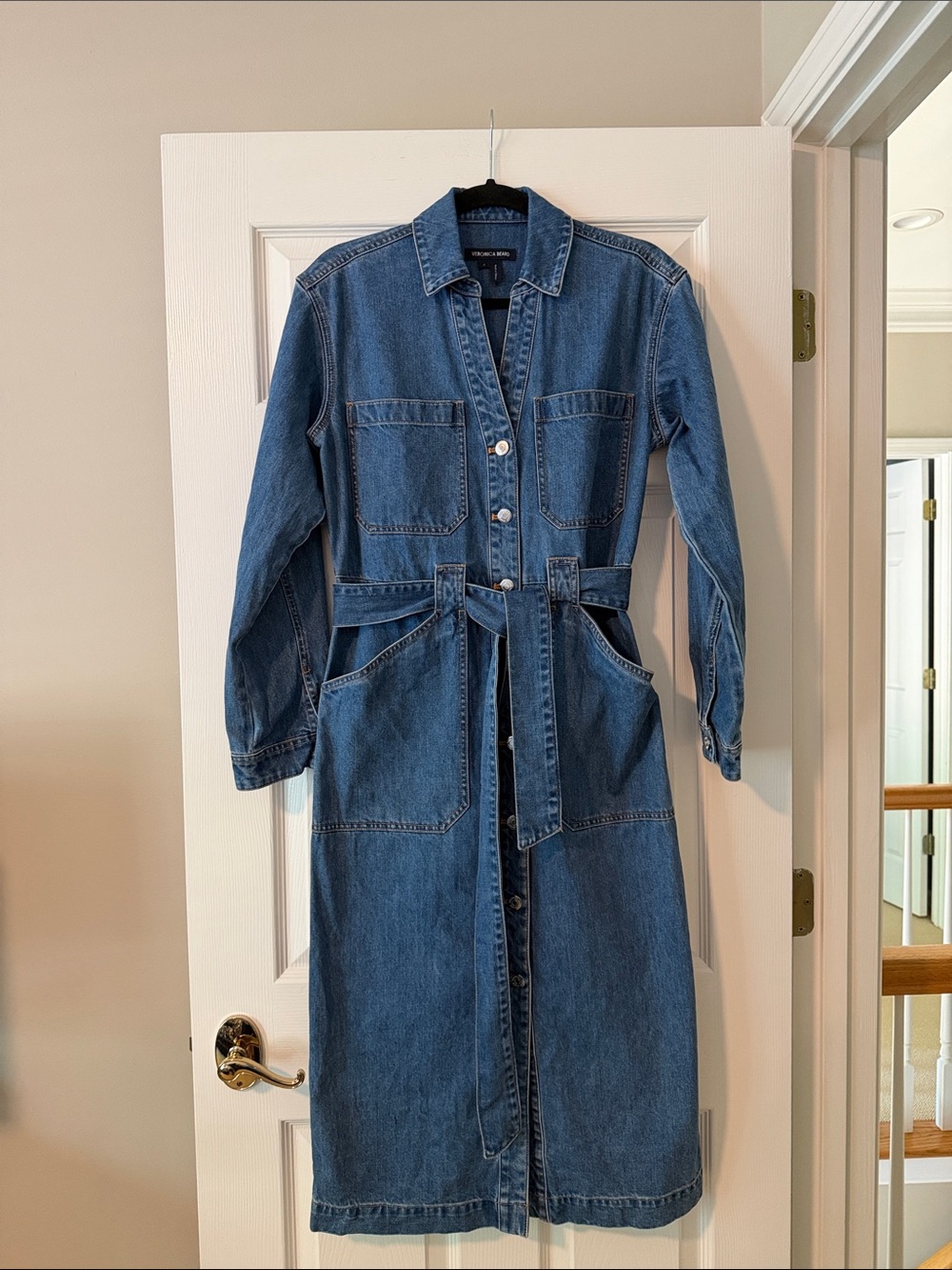Veronica Beard, Size 4, Button-Front Denim Long Shirt Dress with Waist Tie